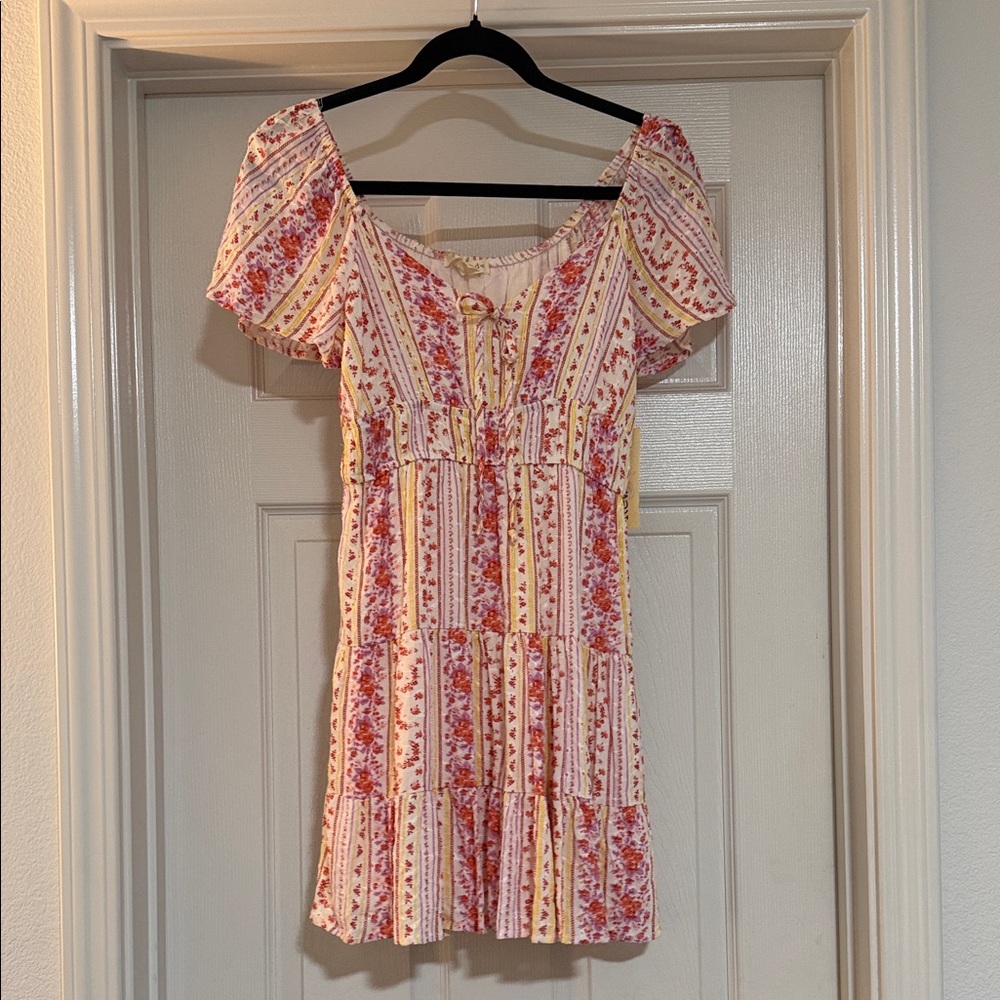 Rewind Floral Stripe Puff-Sleeve Mini Dress - Pink & Yellow